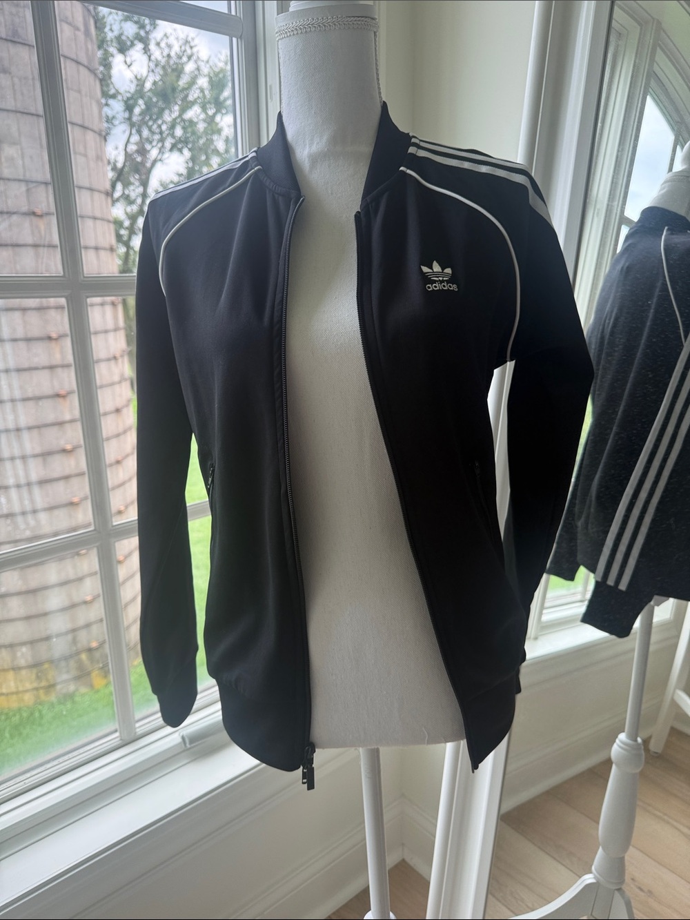 NWT woman’s adidas Black Track Jacket with White Piping and Stripes
